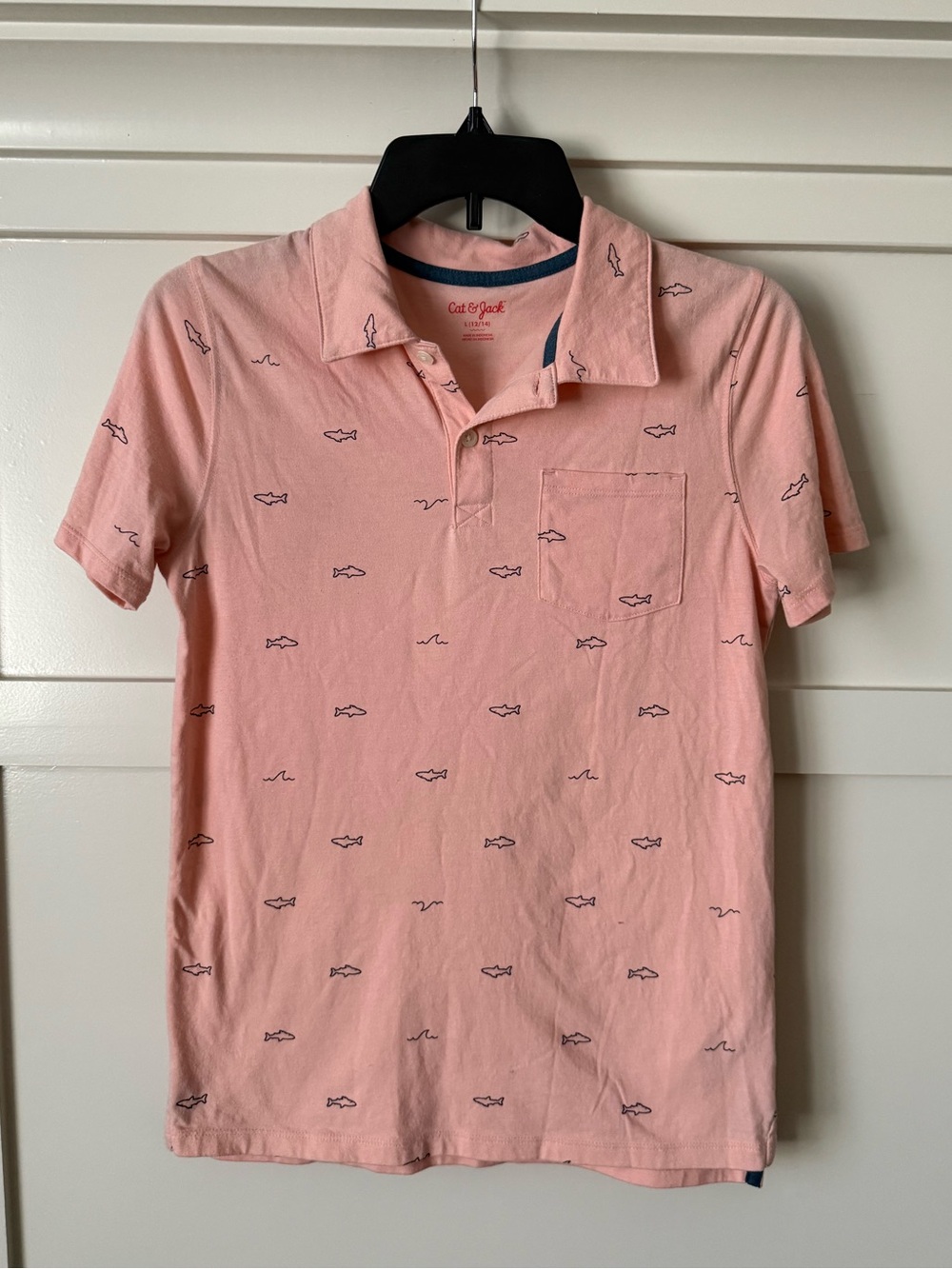 Cat & Jack Light Pink Short-Sleeve Polo with Navy Fish Print